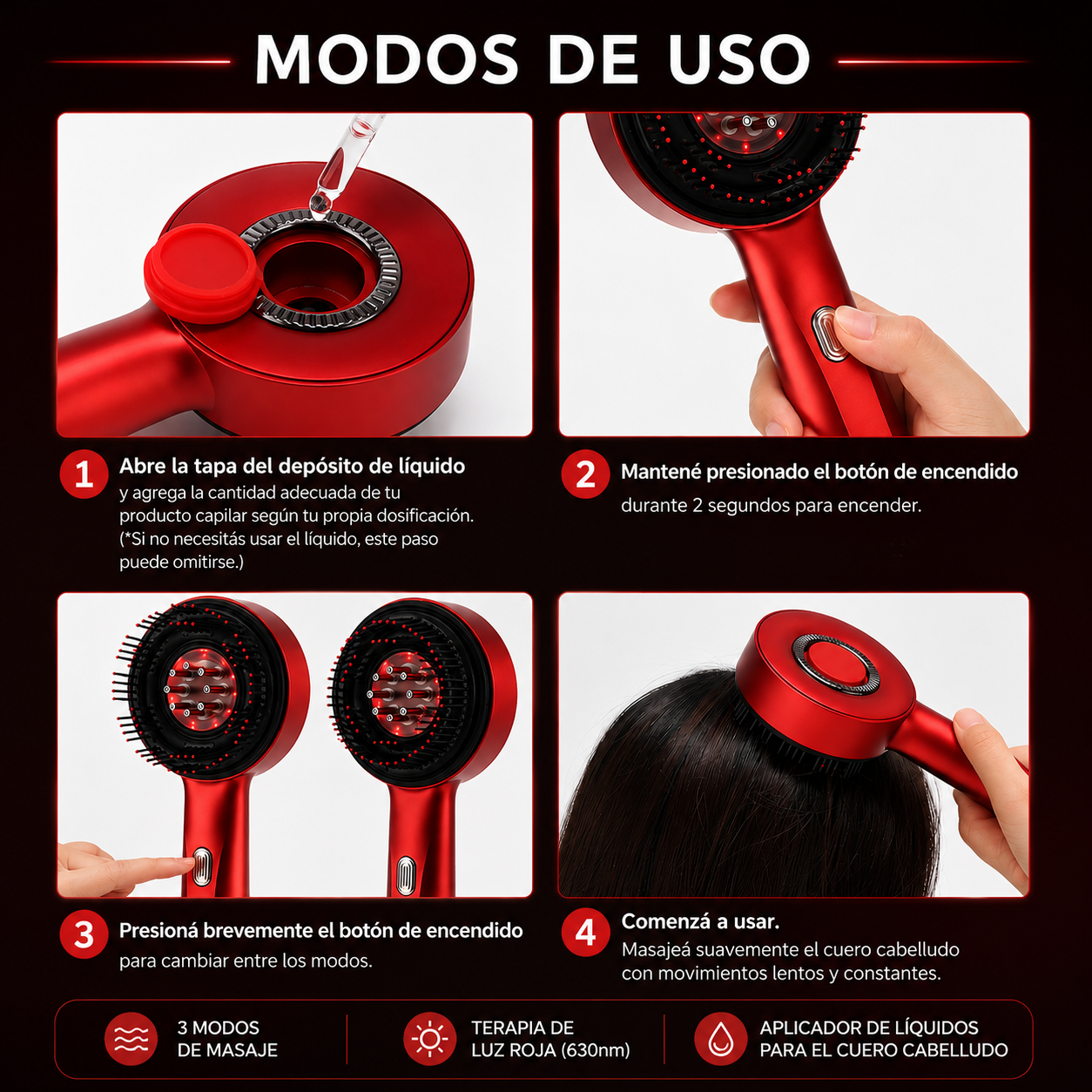 Cepillo Masajeador Capilar con Luz Roja y Microcorriente
