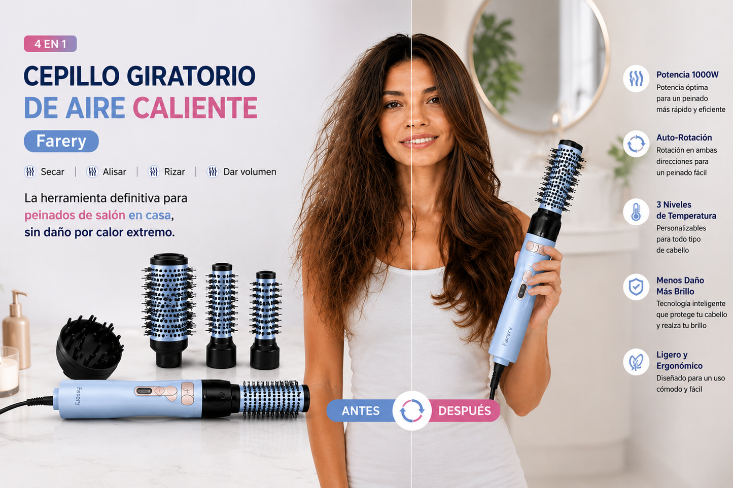 Cepillo de Aire Caliente Giratorio Farery 4 en 1 — Secador y Estilizador 1000W