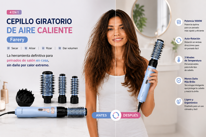 Cepillo de Aire Caliente Giratorio Farery 4 en 1 — Secador y Estilizador 1000W