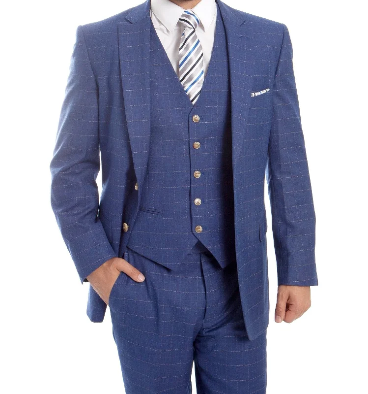 Modern Fit 3 Piece Fine Wool Suit Windowpane Blue