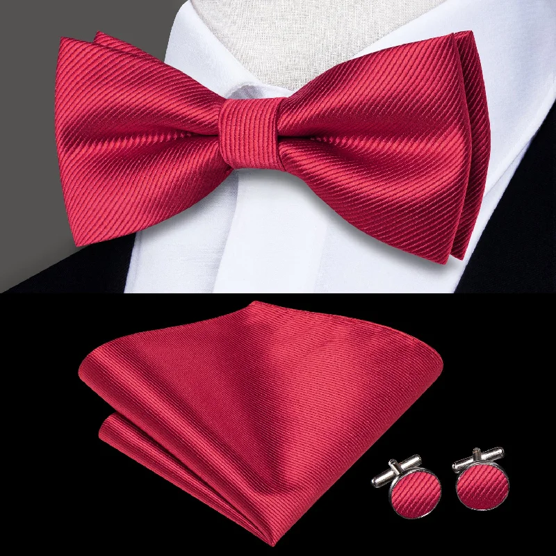 Red Striped Men's Pre-tied Bowtie Pocket Square Cufflinks Set