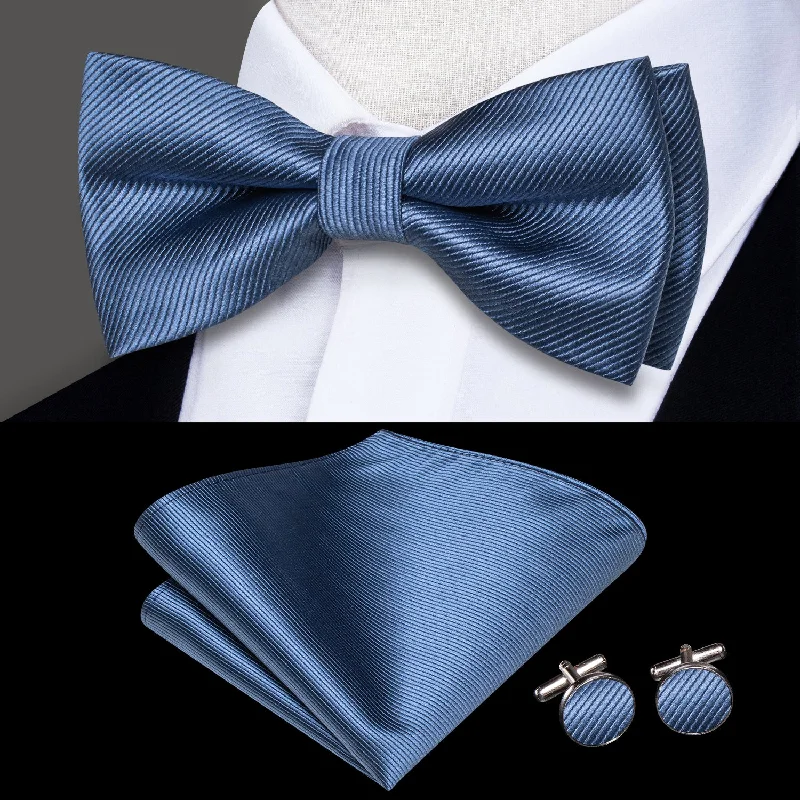 Denim Blue Striped Men's Pre-tied Bowtie Pocket Square Cufflinks Set