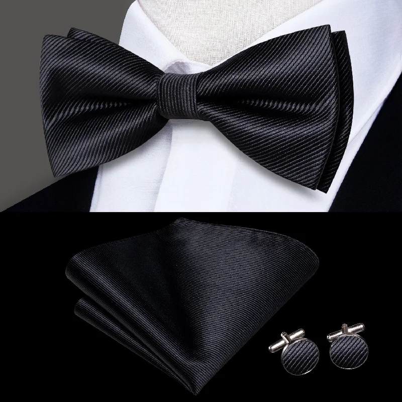 Black Striped Men's Pre-tied Bowtie Pocket Square Cufflinks Set